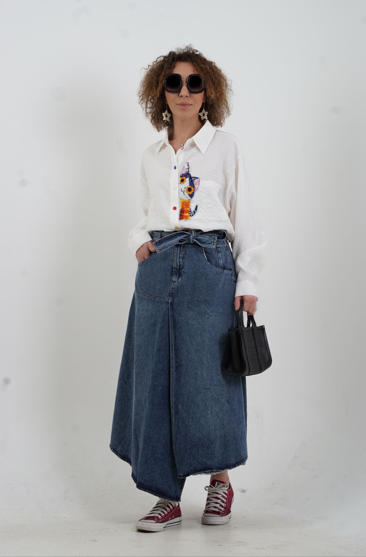 Mavi Beli Lastikli Evaze Denim Etek