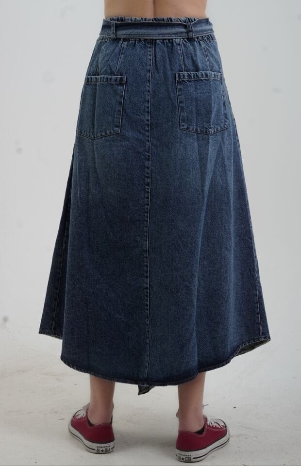 Mavi Beli Lastikli Evaze Denim Etek