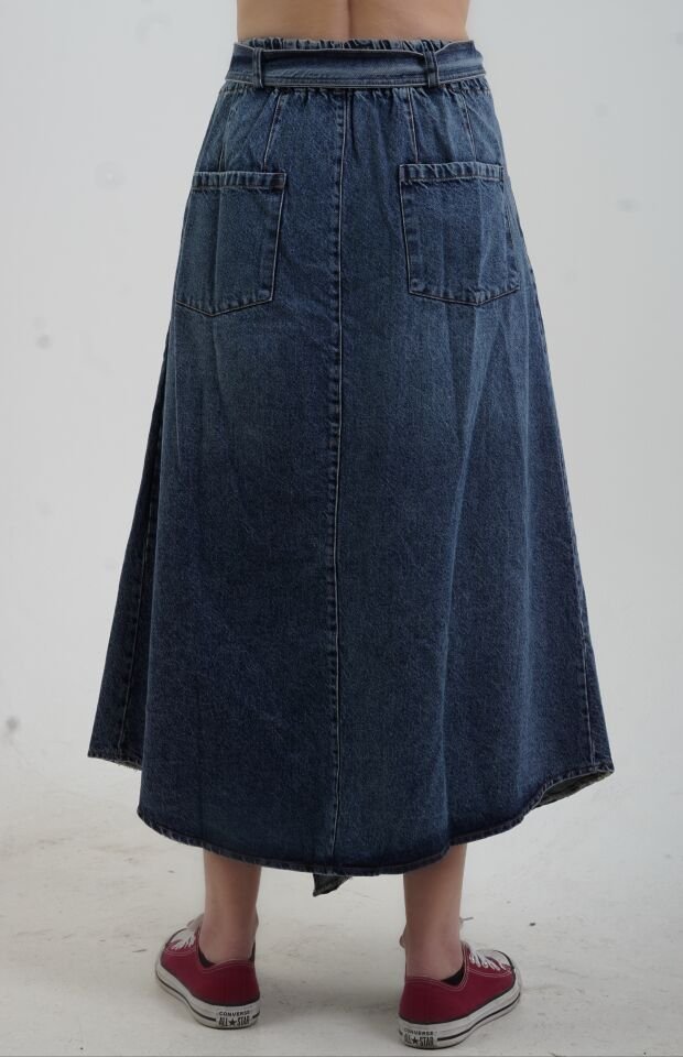 Mavi Beli Lastikli Evaze Denim Etek