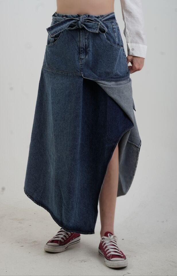 Mavi Beli Lastikli Evaze Denim Etek