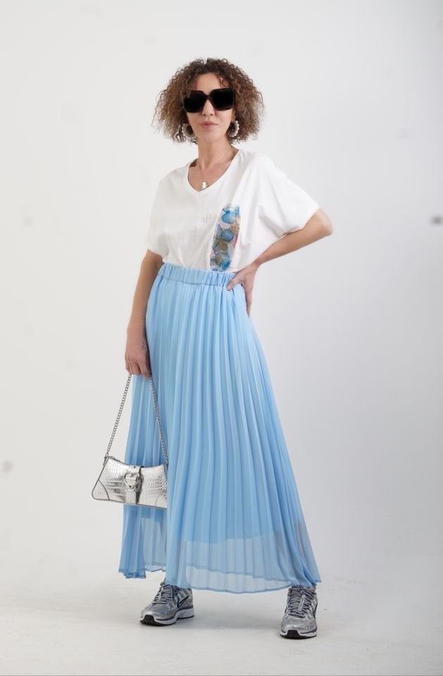 Mavi Piliseli Beli Lastikli Şifon Maxi Etek