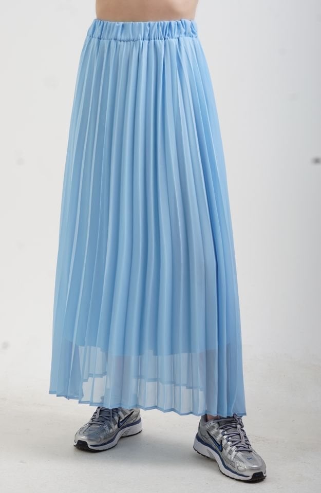 Mavi Piliseli Beli Lastikli Şifon Maxi Etek