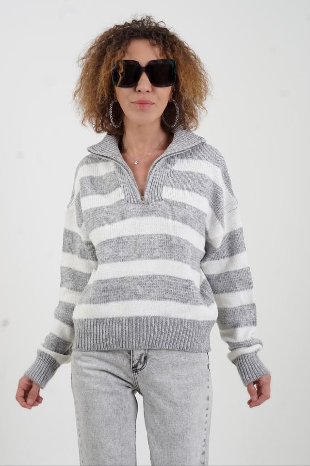 Gri Çizgili Fermuarlı Kazak