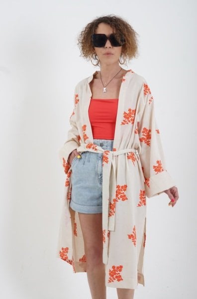 Nar Çiçeği Nakışlı Kimono Ceket