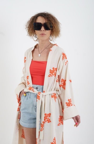 Nar Çiçeği Nakışlı Kimono Ceket