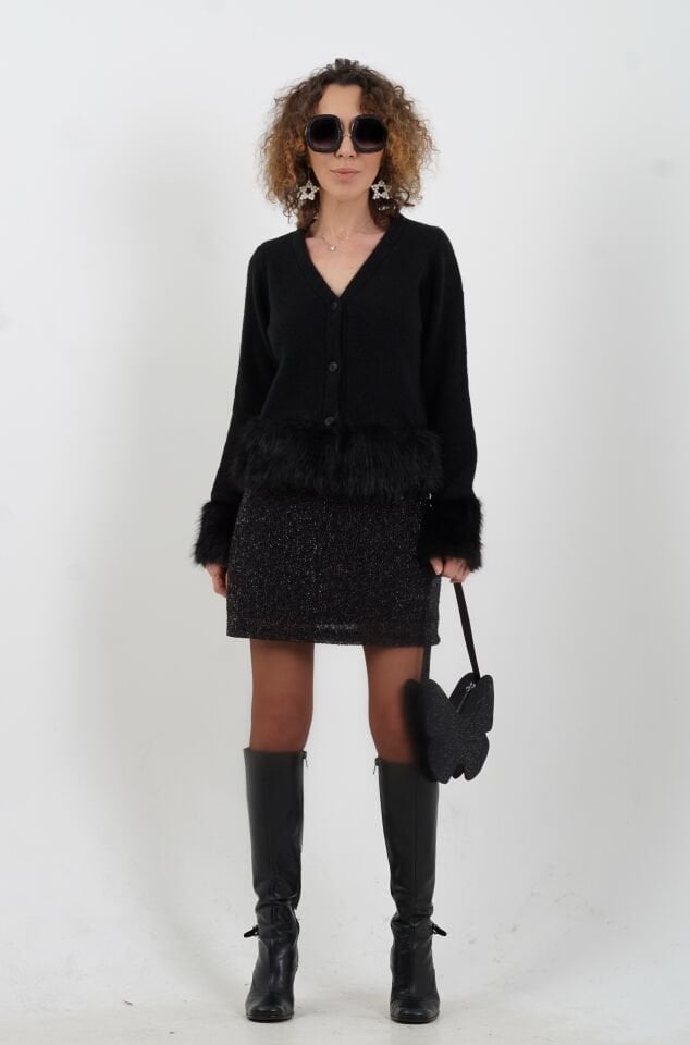 Siyah Minik Pul Payetli Astarlı Kısa Etek