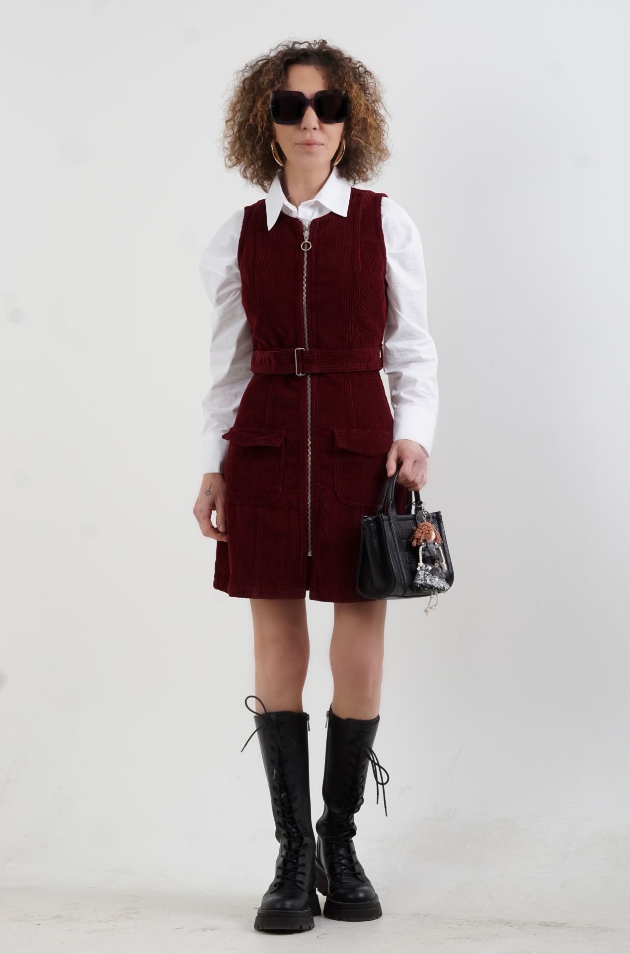 Fitilli Kadife Fermuarlı Kemerli Jile Elbise