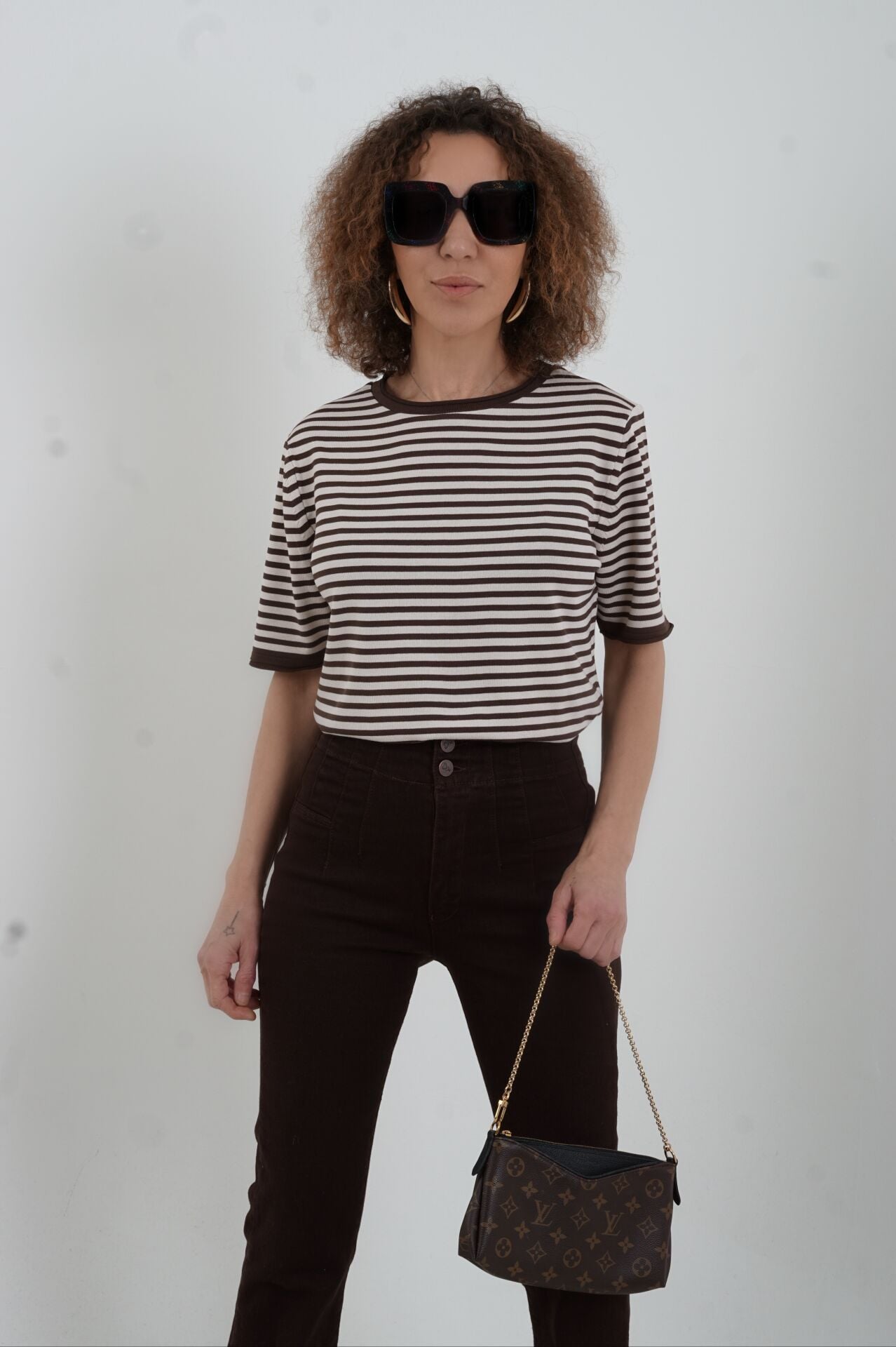 Kahve Bej Bisiklet Yaka İnce Çizgili Kısa Kol Kazak