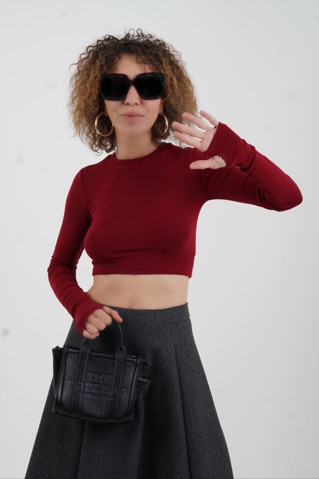 Bordo Parmak Detaylı Crop Bluz