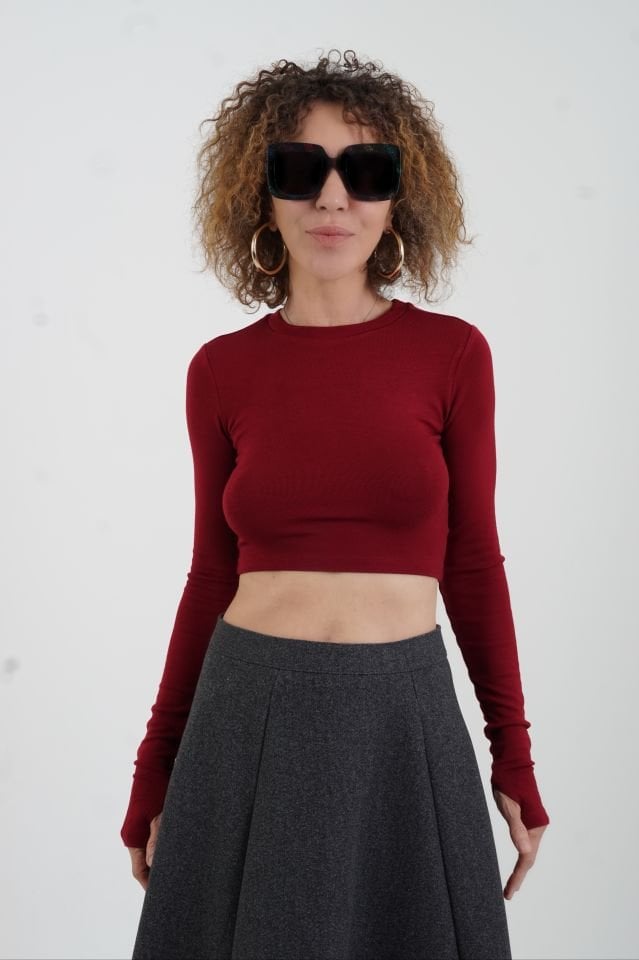 Bordo Parmak Detaylı Crop Bluz