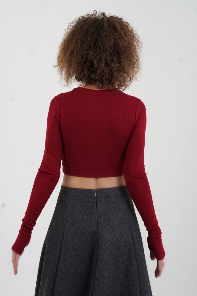 Bordo Parmak Detaylı Crop Bluz
