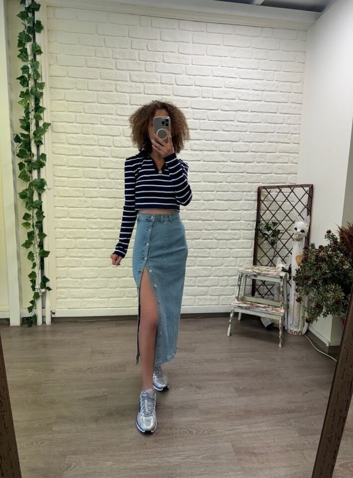 Mavi Önü Düğmeli Midi Boy Denim Etek