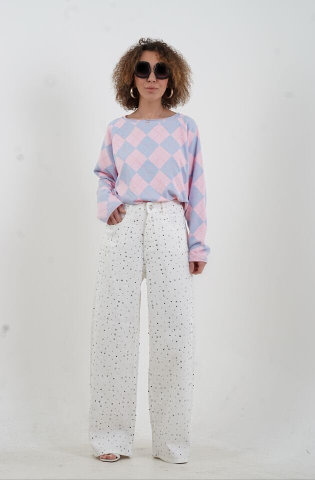 Beyaz Taşlı Denim Pantolon