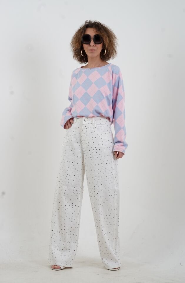 Beyaz Taşlı Denim Pantolon