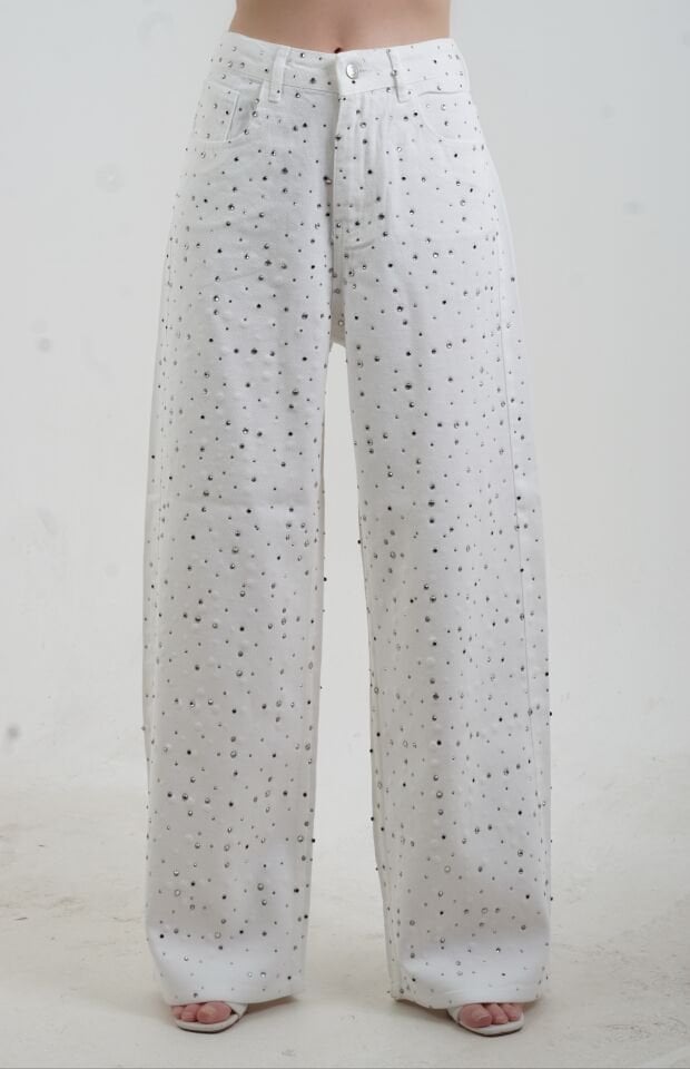 Beyaz Taşlı Denim Pantolon