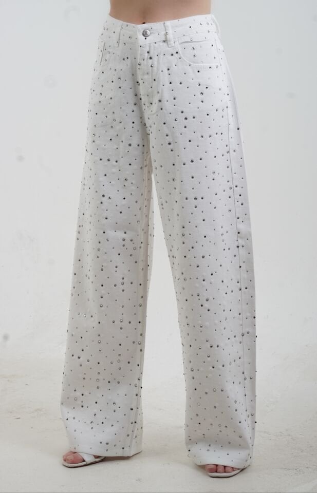 Beyaz Taşlı Denim Pantolon