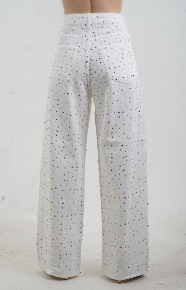Beyaz Taşlı Denim Pantolon