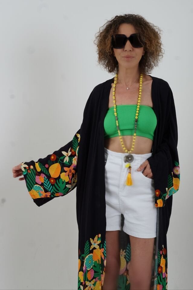 Etek Ucu Desenli Uzun Kimono