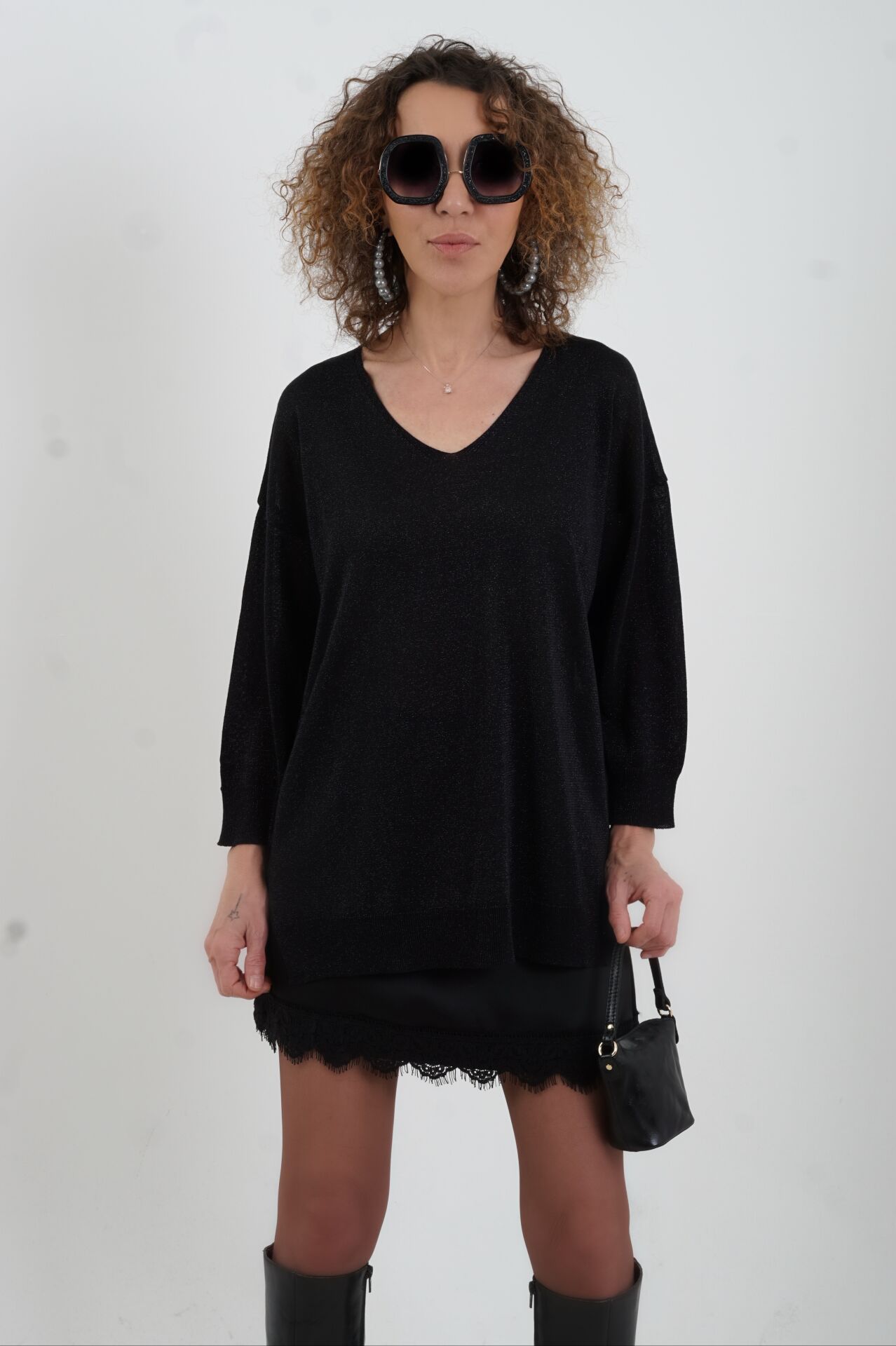 Siyah Simli V Yaka Truvakar Kol Triko Kazak