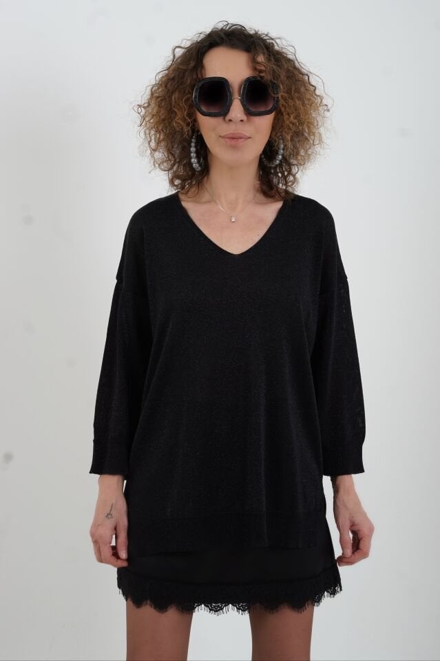 Siyah Simli V Yaka Truvakar Kol Triko Kazak