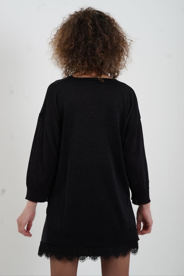 Siyah Simli V Yaka Truvakar Kol Triko Kazak