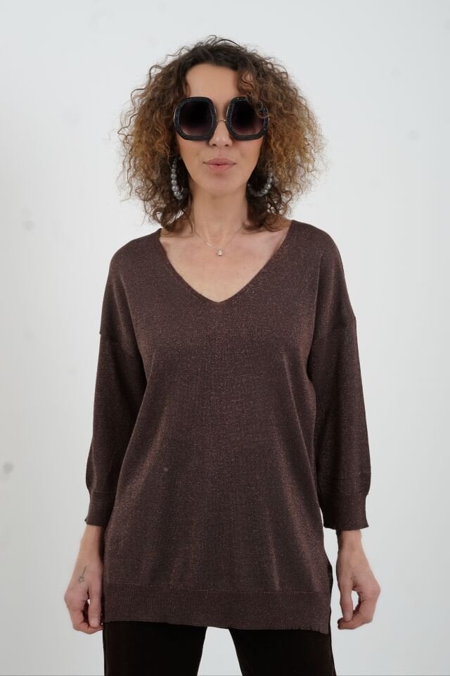 Koyu Kahve Simli V Yaka Truvakar Kol Triko Kazak