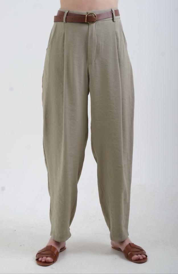 Haki Kemerli Tensel Keten Pantolon