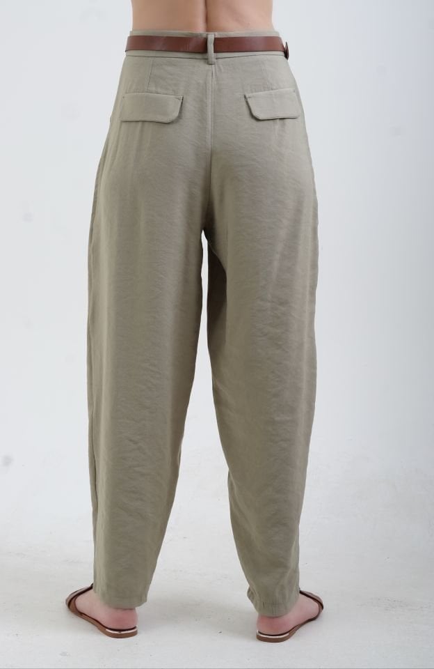 Haki Kemerli Tensel Keten Pantolon