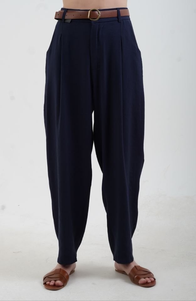 Lacivert Kemerli Tensel Keten Pantolon