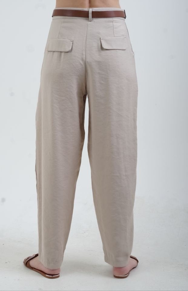 Krem Kemerli Tensel Keten Pantolon