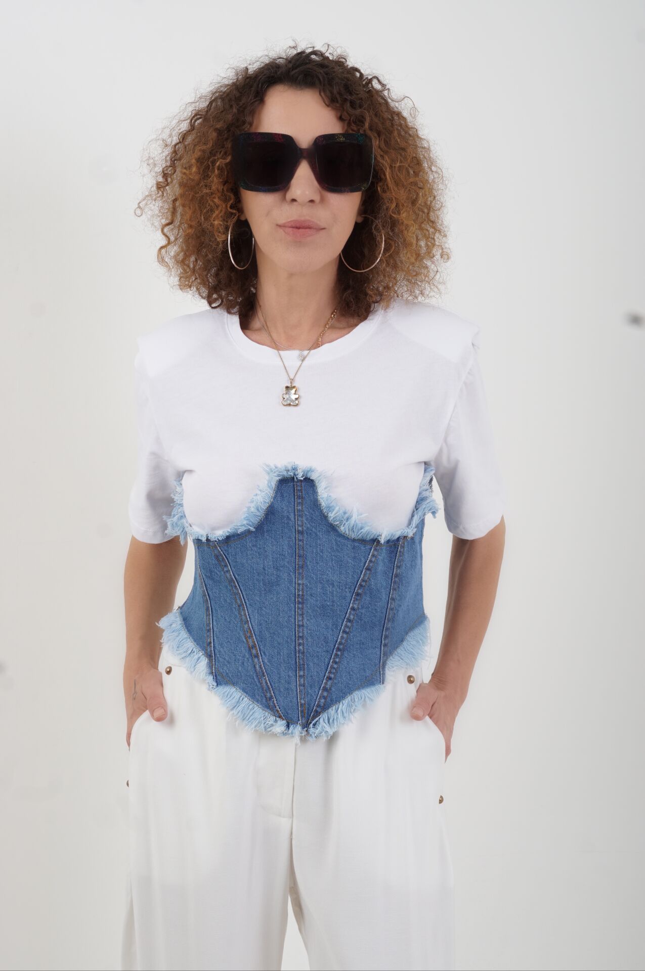 Beyaz Denim Korsajlı  Penye Bluz