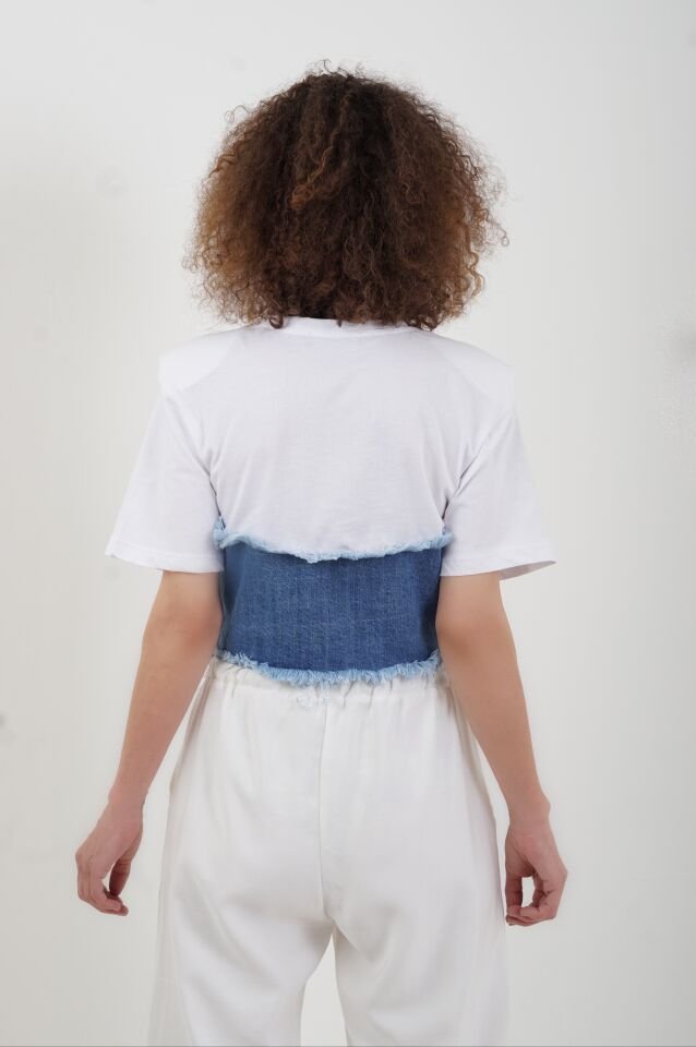Beyaz Denim Korsajlı  Penye Bluz