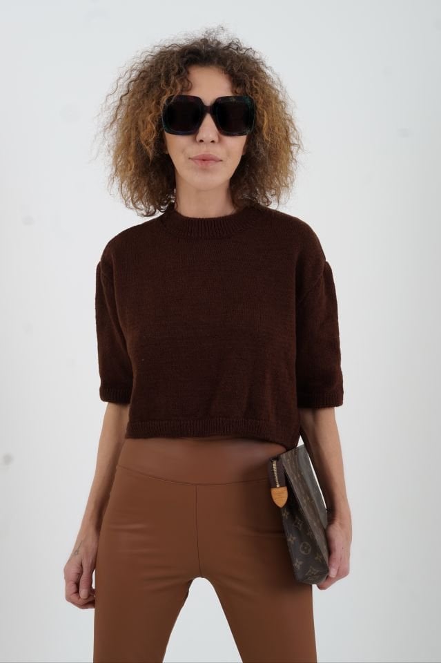 Kahve Yarım Kol Kısa Kazak