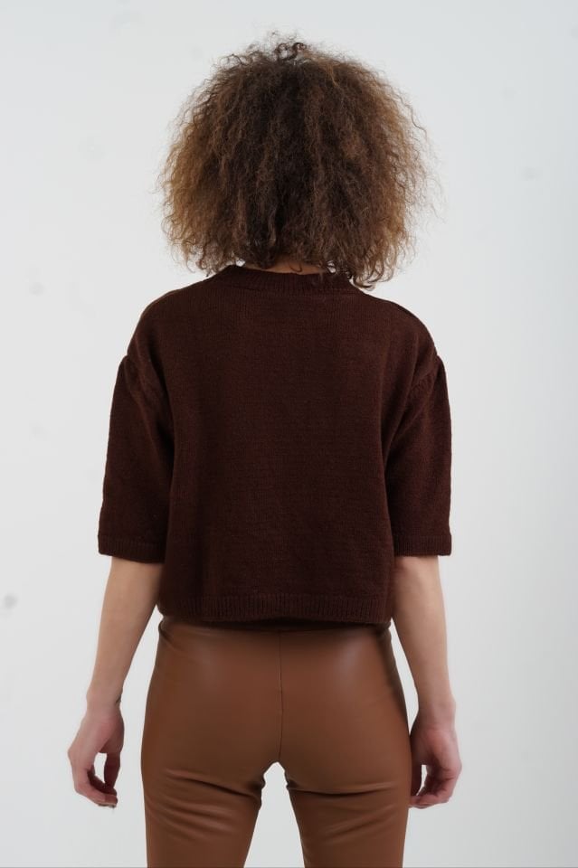 Kahve Yarım Kol Kısa Kazak