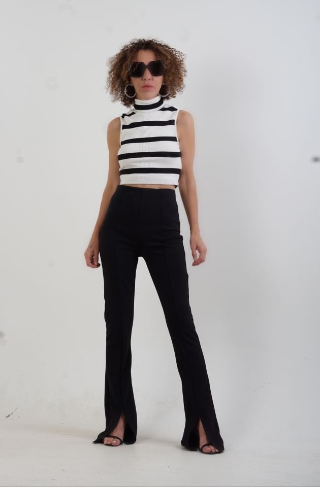 Siyah Çizgili Balıkçı Yaka Kaşkorse Croptop