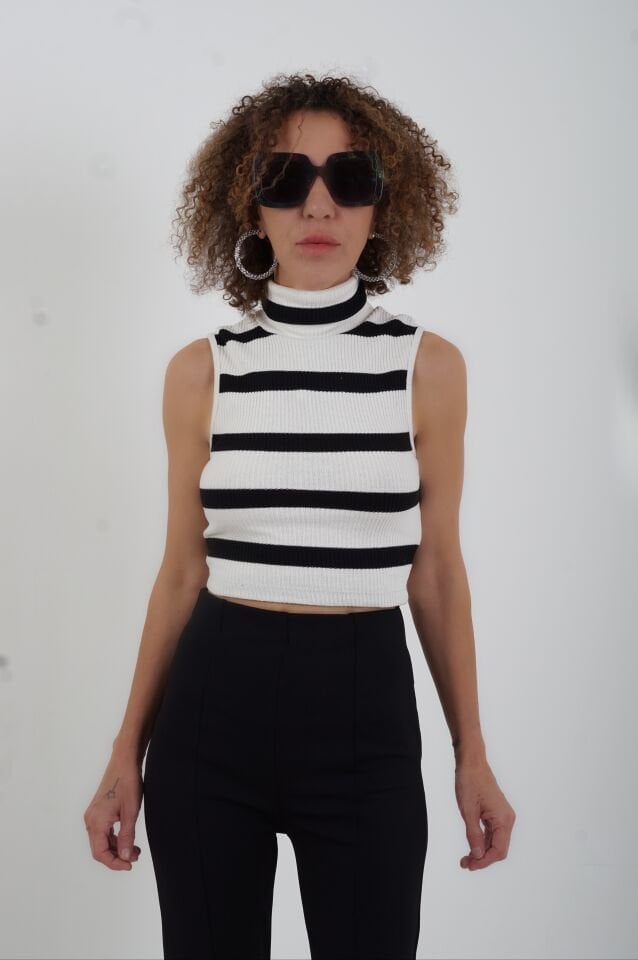 Siyah Çizgili Balıkçı Yaka Kaşkorse Croptop