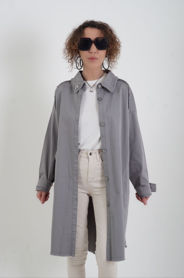 Gri Taşlı Uzun Ceket