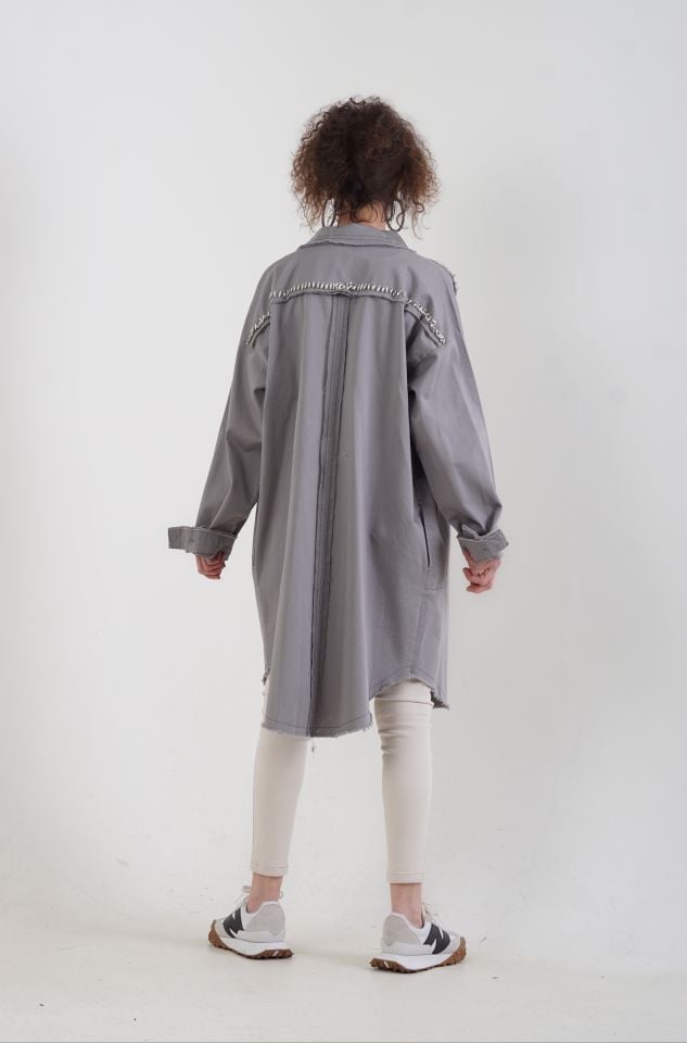 Gri Taşlı Uzun Ceket