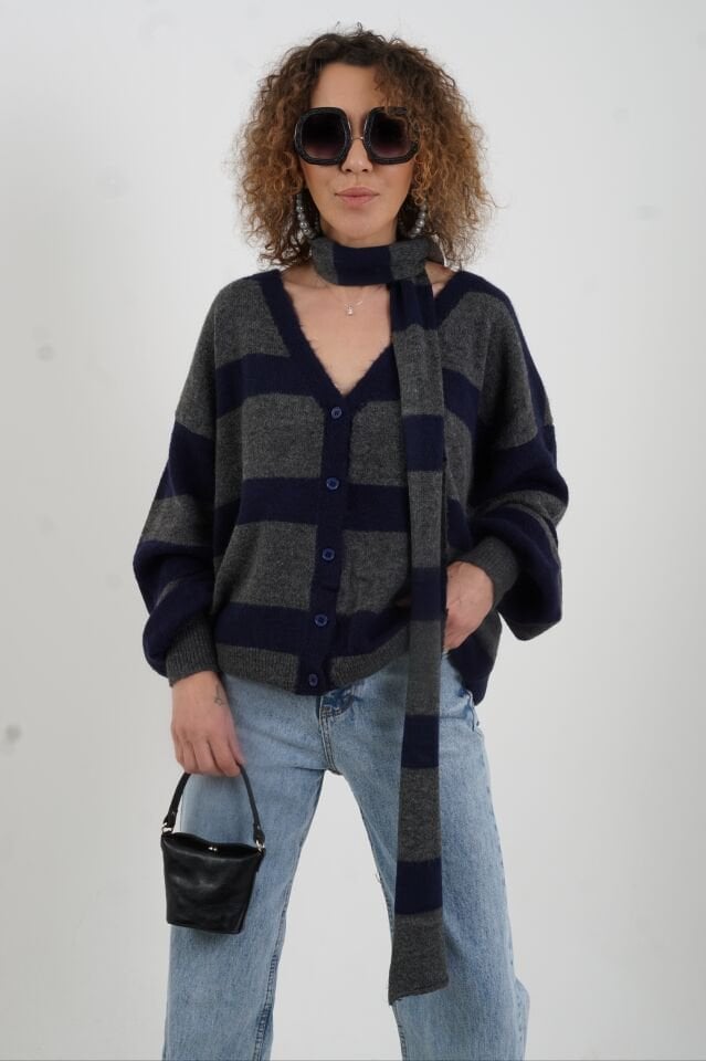 Füme Lacivert Çizgili Atkı Detaylı Hırka