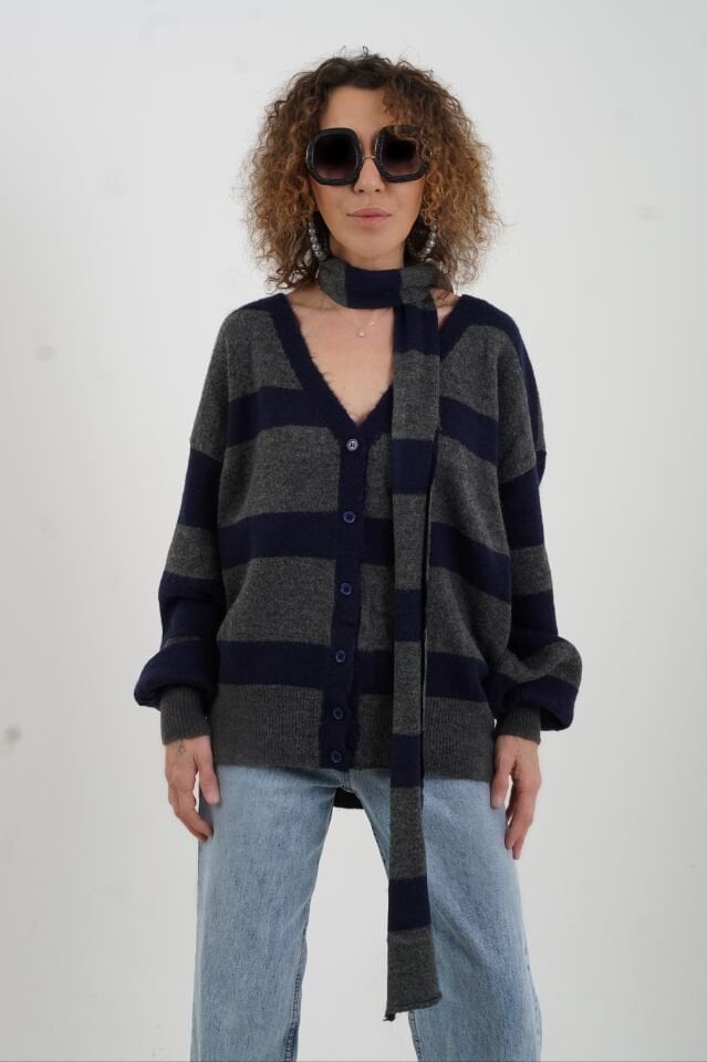 Füme Lacivert Çizgili Atkı Detaylı Hırka