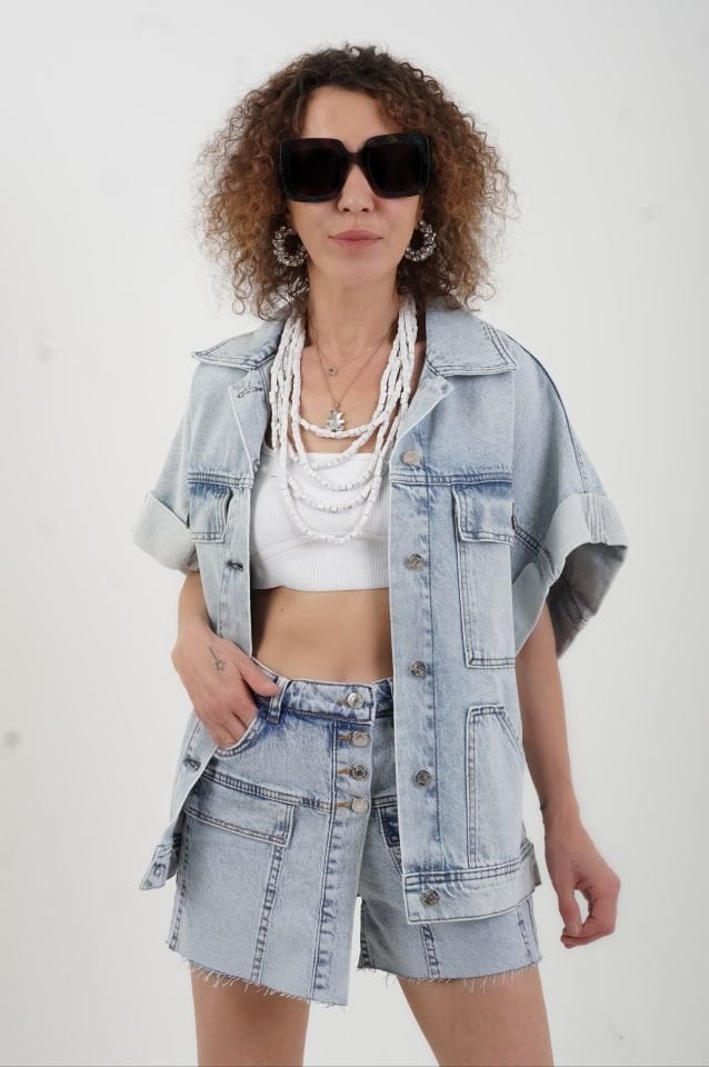 Mavi  Cep Detaylı Denim Yelek