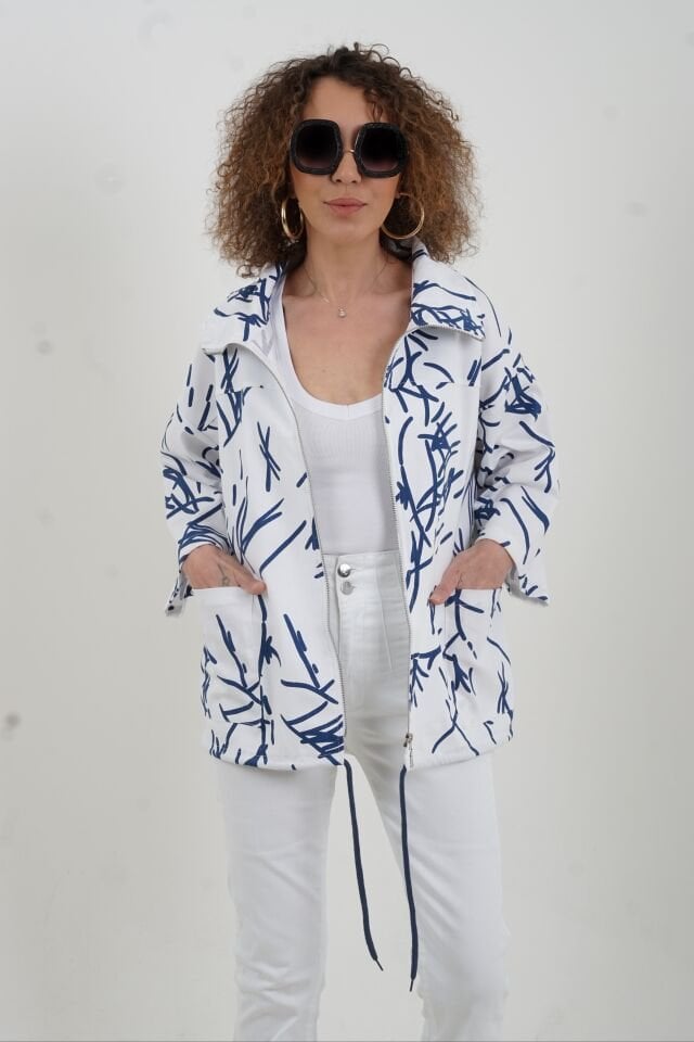 Beyaz Desenli Fermuarlı Mont