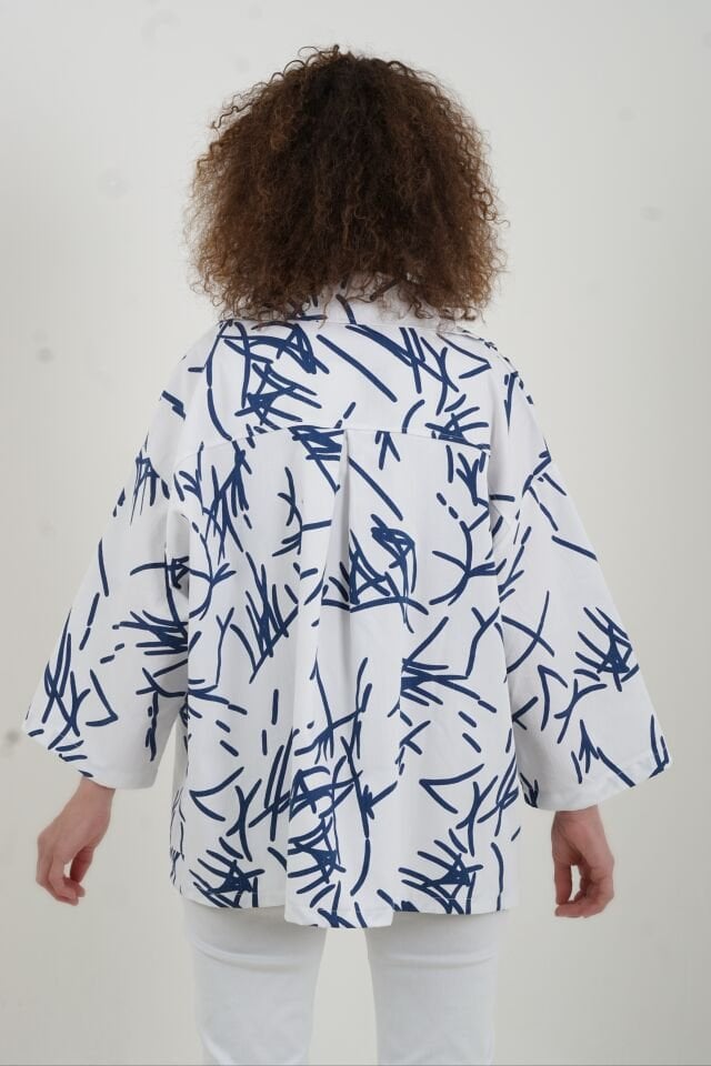 Beyaz Desenli Fermuarlı Mont