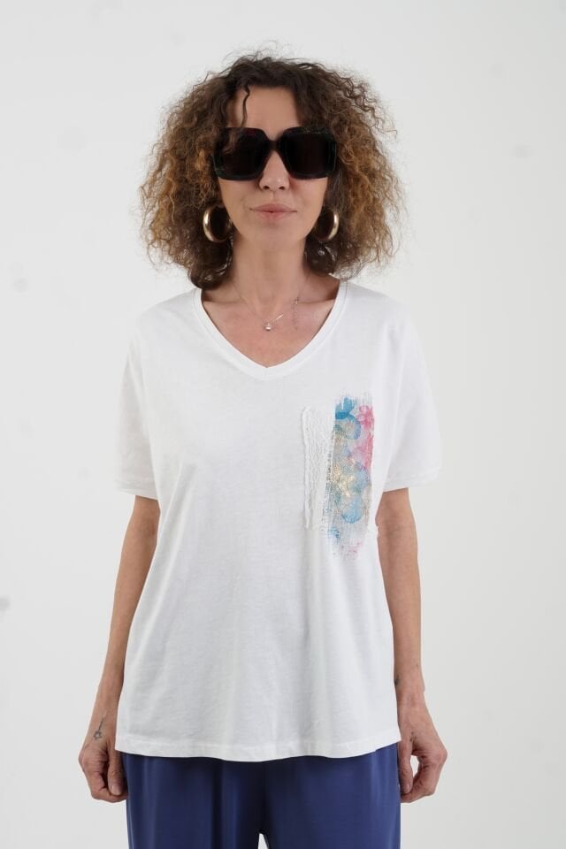Ekru Renkli Varak Baskılı Tshirt