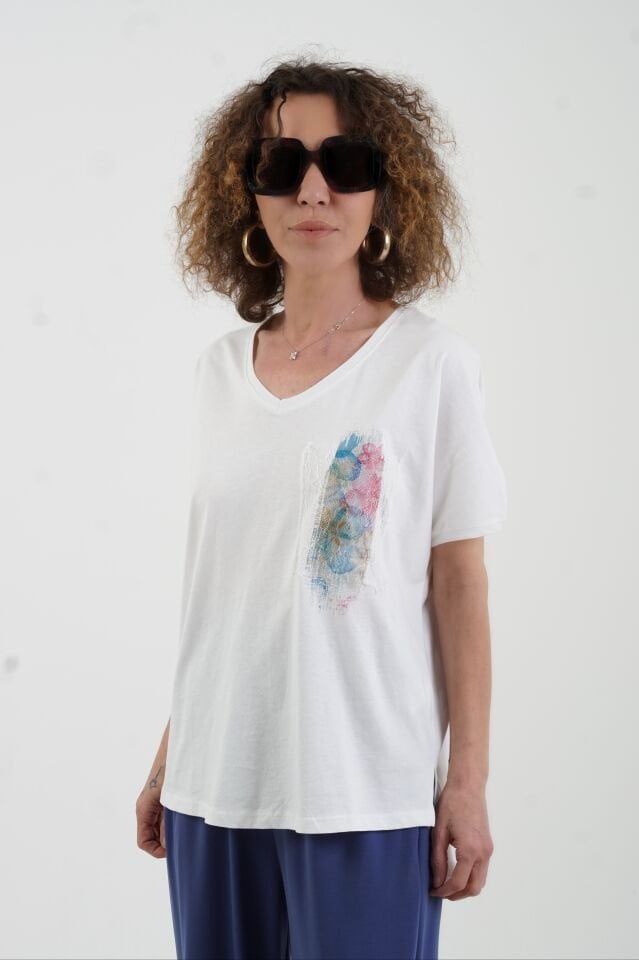 Ekru Renkli Varak Baskılı Tshirt