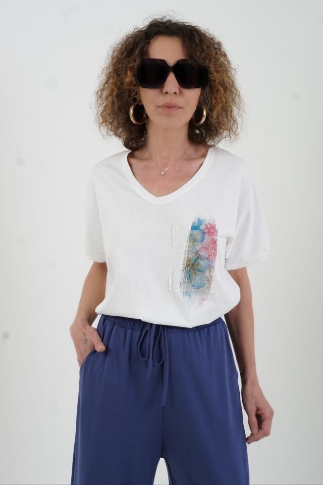 Ekru Renkli Varak Baskılı Tshirt