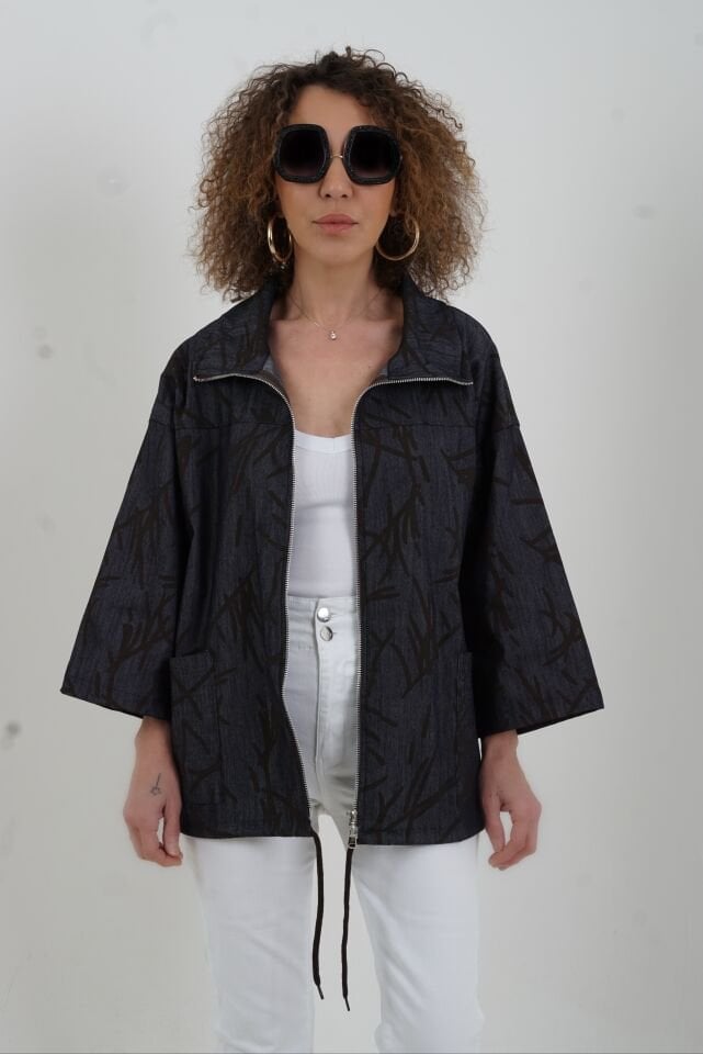 Lacivert Desenli Fermuarlı Mont