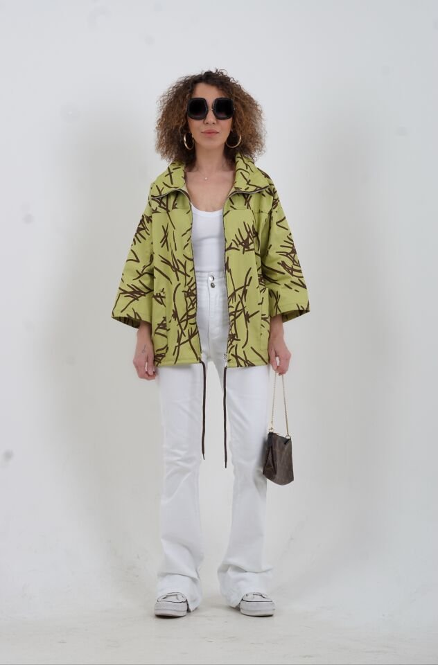 Yeşil Desenli Fermuarlı Mont