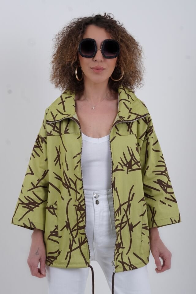 Yeşil Desenli Fermuarlı Mont