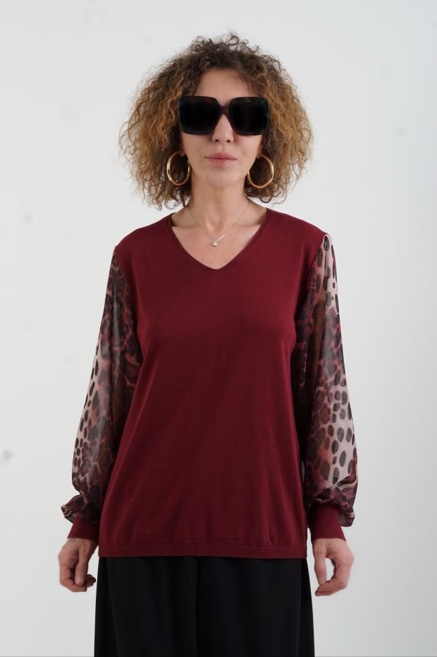 Bordo Kolu Leopar Şifon Triko